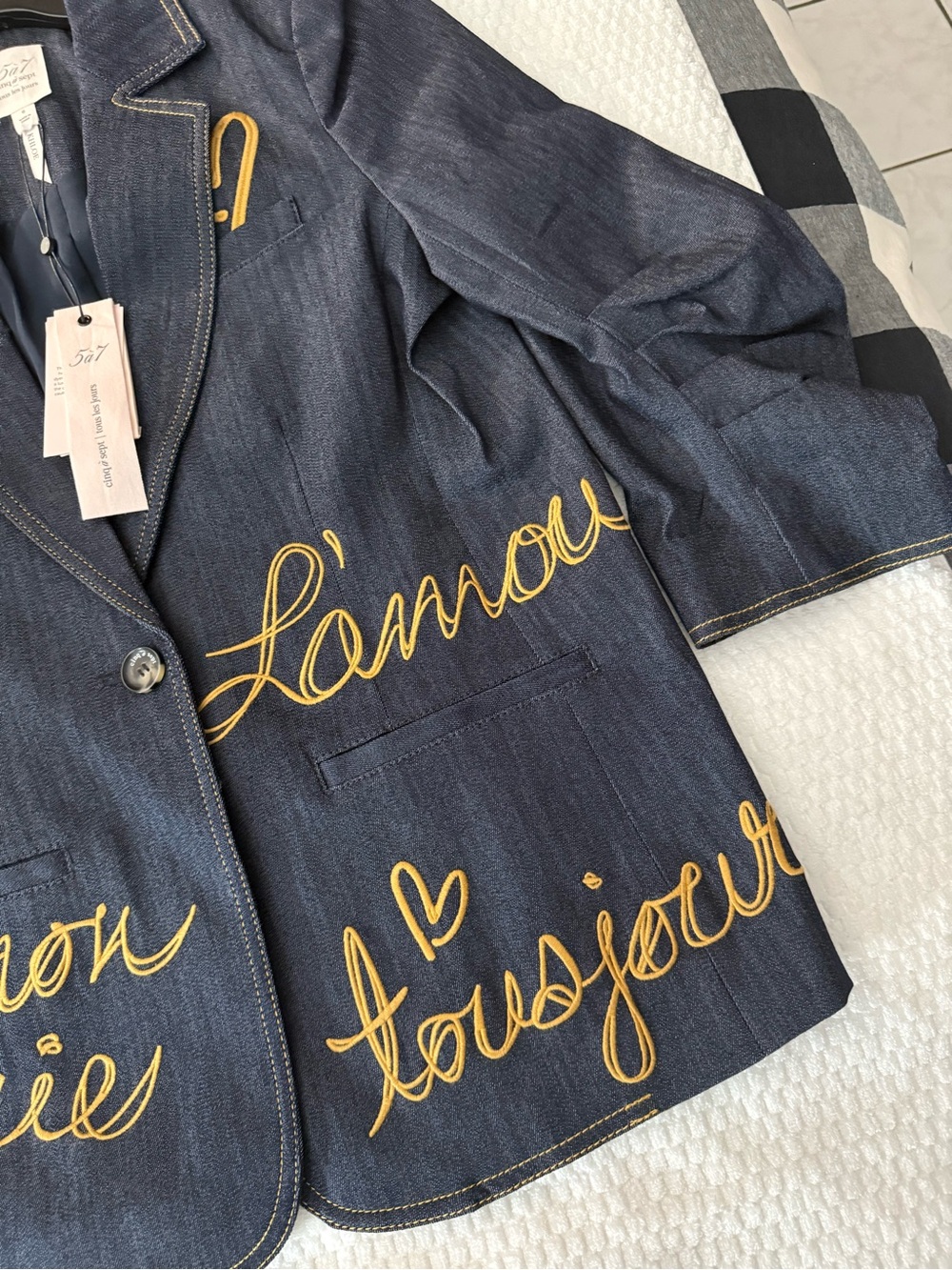cinq a sept Navy Denim Blazer with Gold Script Embroidery - Picture 4 of 6